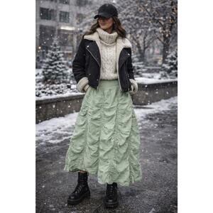 Baba 100% Cotton Green Boho Maxi Skirt Tiered Crinkle Peasant Festival Sz S